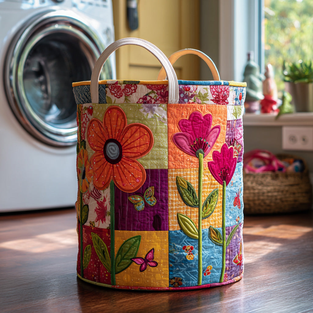Kwiatowy patchwork boho – kosz na pranie