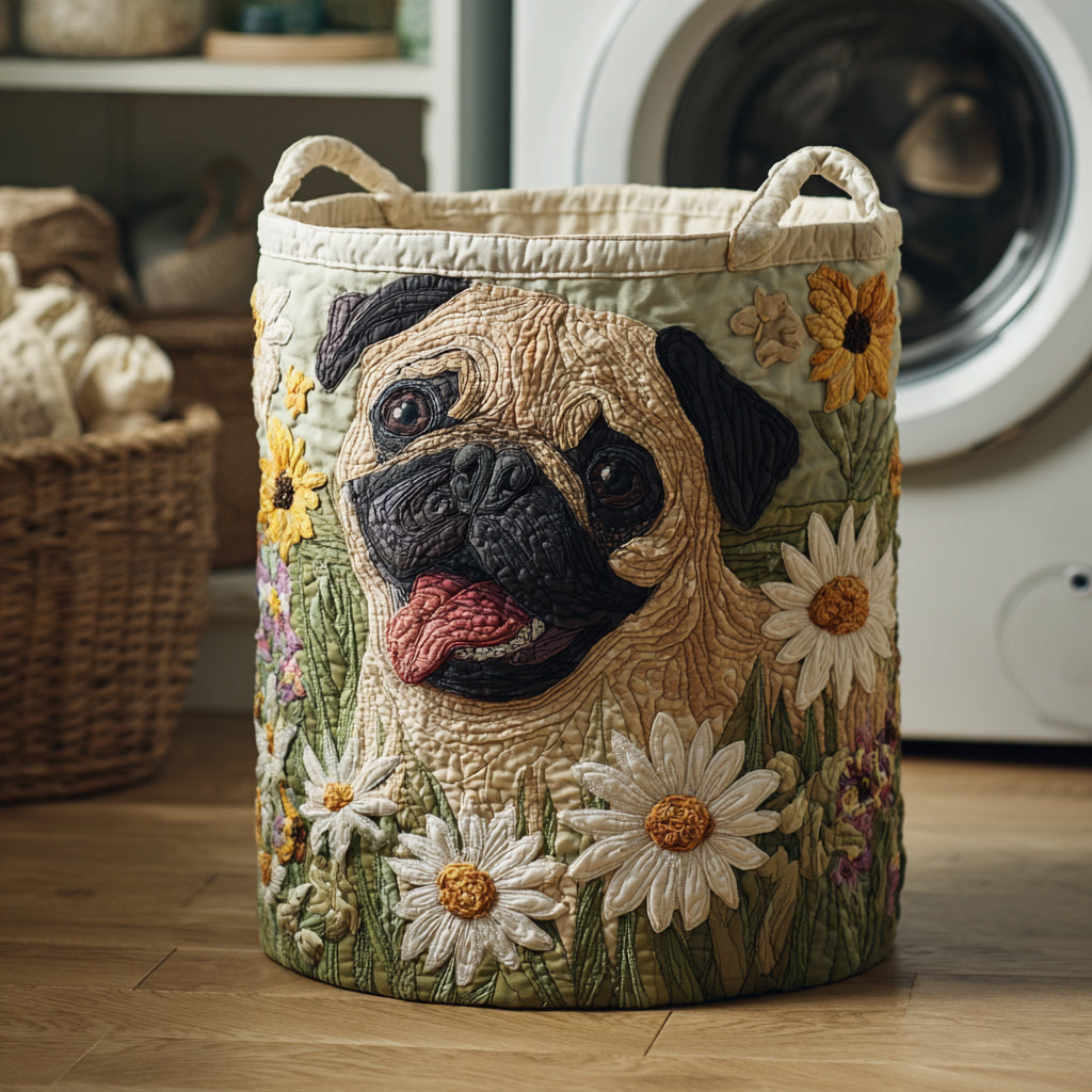 Mops i stokrotki – kosz na pranie