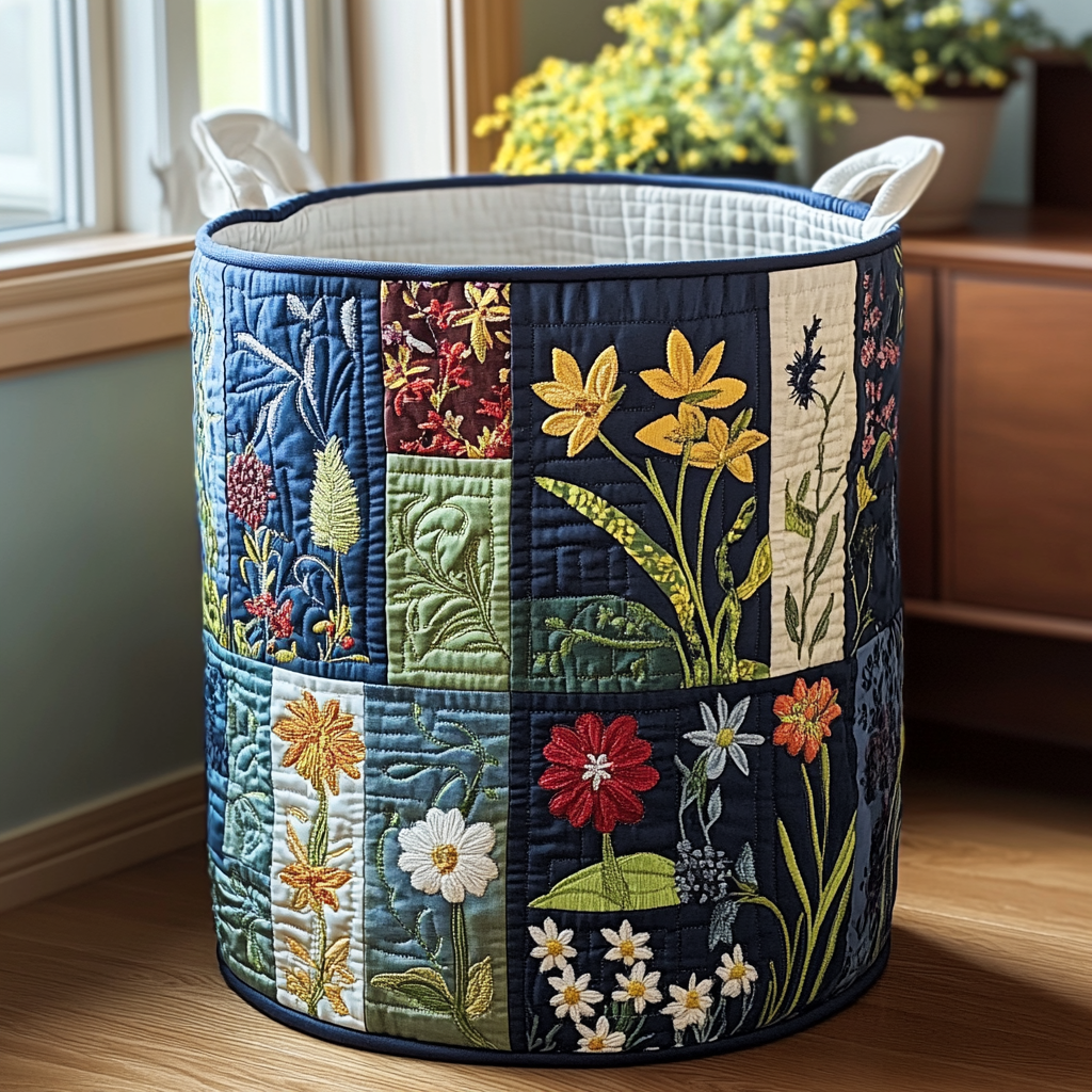 Granatowy kwiatowy patchwork – kosz na pranie