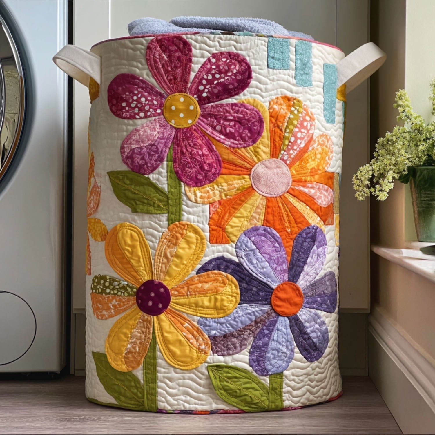 Kwiatowy patchwork – kosz na pranie