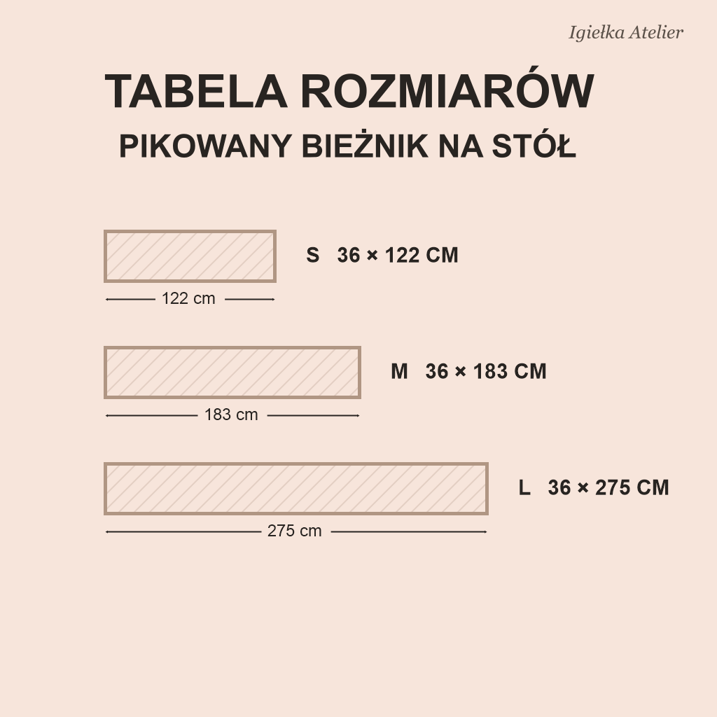 Tabela rozmiarów bieżnika na stół